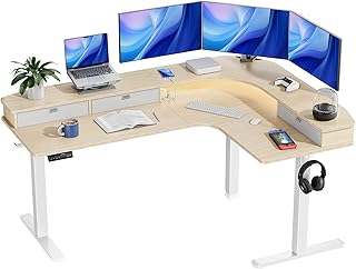 HUANUO 65″ L-Shaped Standing Desk with Power Outlets & LED Strip, Support C-Clamp Mount, Electric Height Adjustable Corner Computer Desk with 3 Drawers, Sit Stand Up Desk with Large Power Strip Holder