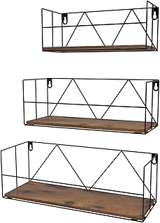 زبيفان مجموعة ارفف عائمة تثبت على الحائط مكونة من 3 قطع، ارفف حائط بسلك معدني للحمام وغرفة النوم والمطبخ وغرفة المعيشة، خشب، أسود