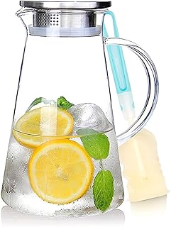 68 oz Glass Jug with Lid, Heat Resistant Glass Jug with Handle, Refrigerator Safe for Hot and Cold Drinks - Water, Cold Brew Tea, Iced Tea, Juice, Easy to Clean Glass Jug (with Long Handle Brush)