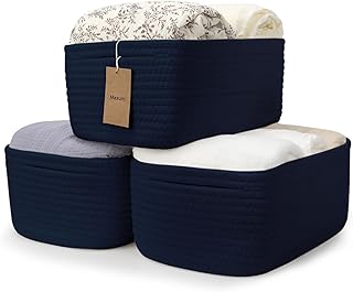 Maxuni 3-Pack Cotton Rope Baskets for Organizing, Fabric Square Storage Baskets, Woven Closet Storage Bin for storage Clothes Toys Books Towels Square Wicker Nursery basket organizer-Navy Blue