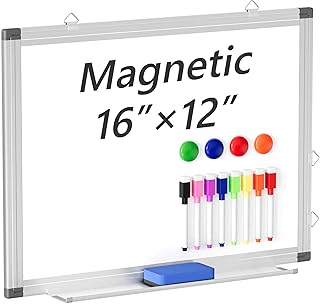 لوح ابيض مغناطيسي قابل للمسح الجاف للجدار من نيتشور، لوح ابيض صغير معلق مقاس 16 × 12 انش، يتضمن ممحاة واحدة و8 اقلام ماركر و4 مغناطيس، اطار الومنيوم فضي
