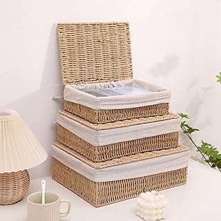 ANBOO Wicker Storage Baskets with Cotton and Linen Lining, Set of 3 Handmade Shelf Baskets for Organizing, Woven Storage Basket for Storaging Make up, Souvenir