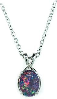 Australian Opal Jewelry - Dainty Australian Triplets Opal Necklace Pendant in Sterling Silver White Gold Plated Women's Jewelry