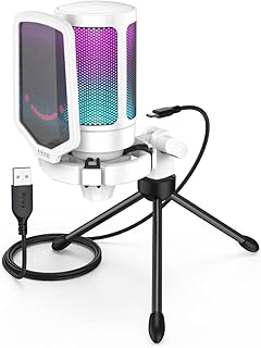 ميكروفون USB من امبليجيم للكمبيوتر المكتبي واللابتوب مدونة صوتية لتدفق RGB للعب عبر الانترنت زووم فوكال مع زر كتم الصوت مقبض جاين مضاد للاهتزاز حامل ثلاثي القوائم ابيض أحادي الاتجاه