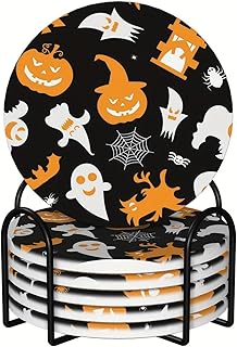 Vibiliyou Orange Coaster for Drinks Set of 6,Fall Halloween Pumpkin Bat Cartoon,with Cork Base and Metal Holder,Set of 6,Absorbent Round Ceramic Stone Mat,Gift for Housewarming Decor