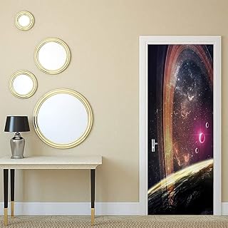 Galaxy 3D door sticker, Deep Space Planets over Nebula Dust Stars and Halo Ring Science Fiction Art, Removable Self Adhesive Wall Window Decal for Home Office Decor, W36 x L78.7 Inch Dark Grey Magenta