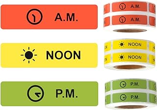 ملصقات دواء تعليمات الدواء ملصقات ورقية دائمة AM NOON PM لمخطط علبة حبوب الدواء 0.4 × 1.6 انش (500 لكل لفة 3 عبوات)، من دلاجوبيس