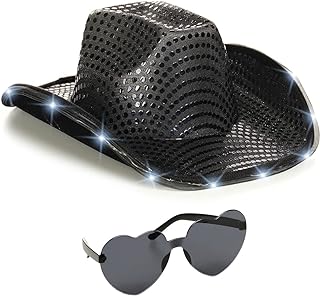 Funcredible Light Up Cowboy Hat and Glasses - Sparkly Disco Cowgirl Hat - Sequin Cowboy Hat - Cowgirl Outfits for Women