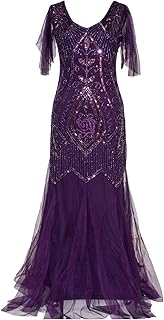 Women's Gatsby Evening Dress 1920s Maxi Long Sequined V-Neck Formal Evening Prom Dress Purple 2XL