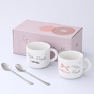 McBecdy Mr Right and Mrs Always Right Mugs, 380 ml Coffee Cups Set with Spoon, Mr and Mrs Set of 2 Wedding Gifts for Newlyweds, Gifts for Valentine's Day, Engagement, Birthday, Christmas