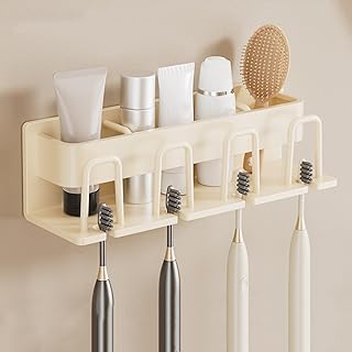 atylishome Toothbrush Holders for Bathroom Multifunctional Electric Tooth Brush Holder Washroom Accessories Wall Mounted with 4 Slots Bath Basket Cream Coloured 0908