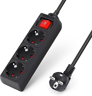 Aigostar Power Strip with 3 Outlets, Extension Strip with 3 Metres Cable and Switch, Black