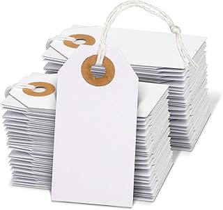 Price Tags with String, 100 Pcs Small Hang Tags with Reinforced Hole, White Writable Price Tags, Blank Paper Gift Tags for Christmas Day Thanksgiving