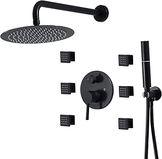 Bathroom Multi-Function Wall Mounted 10"" Brass Shower System Rain Mixer With 6Pcs Body Sparys Set, With Hand Shower And Shower Hose,Black,Round