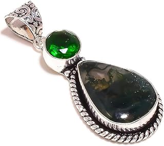 Green Moss Agate & Chrome Diopside Gemstone Handmade Rope Bezel Green Stone Pendant, 1.8in, Stone, Agate Green Diopside Glass