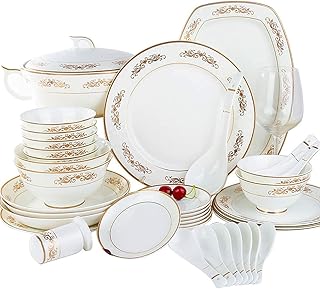 50 Pieces Bone China Dinnerware Set, Kitchen White Porcelain Round Plates Dishes Bowls Chip Resistant Scratch Resistant Service for 10