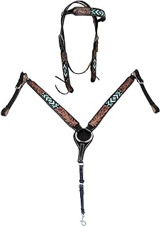 Horse Show Bridle Western Leather Western Basket Weave Tooled Leather Beaded Bridle Breast Collar Tack 79TacksetBeaded