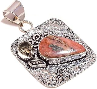 Rhodochrosite with Smoky Quartz Pear Gemstone Antique Handmade Engraved Oxidised Pendant, 2in, Stone, pear rhodochrosite pear smoky quartz