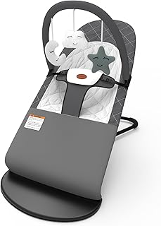 Portable Baby Bouncer Seat for Infants, 0-18 Months, 100% Cotton, 3 Modes of Use with Rocker & Stationary Options, Ergonomic Infant Chair with Hanging Toys – Grey