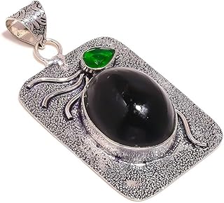 Dark Green Agate & Chrome Diopside Gemstone Antique Handmade Engraved Oxidised Pendant, 2.2in, Stone, green agate green diopside glass