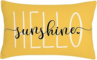 غطاء وسادة مطبوع عليه عبارة «Hello Sunshine» غطاء وسادة قطني بلون اصفر بنمط ريفي للربيع والصيف، غطاء وسادة للكنبة من البوليستر والكتان مقاس 12 × 20 انش