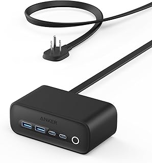 انكر قاعدة شحن 525 شريط طاقة USB C 7 في 1 لايفون 15/14 سلك رفيع 5 قدم ومقبس مسطح 3 تيار متردد 2 A 65 واط ملحق سطح المكتب لتوصيل الطاقة لجهاز ماك بوك برو والمكتب اسود فانتوم