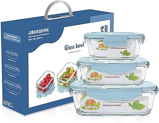 [3-Pack] Glass Food Storage Containers with Lids, Meal Prep Containers, Airtight Lunch Containers Bento Boxes with Leak Proof Locking Lids for Microwave, Oven, Freezer, Dishwasher,Clear Blue