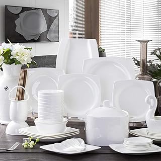 50 Pieces Bone China Dinnerware Set, White Porcelain Home Kitchen Party Round Bowls Square Plates Dishes Soup Pot,Service for 12