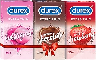 Durex multiflavored extra thin condoms for men - Bubblegum, Wild Strawberry, Intense Chocolate - 10 count (Pack of 3) | Sensually flavored condoms for fun & adventure