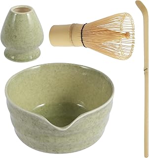 4Pcs Matcha Whisk Set, Japanese Matcha Tea Set,Ceramic Matcha Bowl Matcha Whisk Holder Bamboo Matcha Whisk and Bamboo Scoop Handmade Matcha Ceremony Kit for Traditional Japanese Tea Ceremony (A)