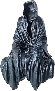 JAONLD Statue of Grim Reaper in Robe, 12.5 x 7.5 x 6 cm, Halloween Gothic Decoration, Black Robe, Edge Stool, Figures, Horror Decoration for Bookshelves, Walls, Indoor Tables, Gardens, Trees