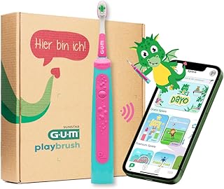 GUM Playbrush Kids 3+, Smart Electric Sonic Toothbrush for Children from 3 Years with Interactive Game App, Pressure Control, Timer, 2 Cleaning Programmes, 1 Brush Brush, 8 Week Battery, Pink