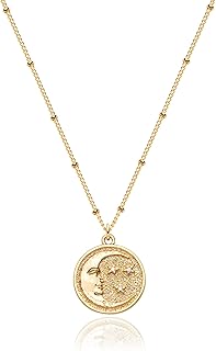 Valloey Rover Vintage Circle Coin Necklace for Women Gold Carved Chunky Pendant Necklace 14k Gold Plated Retro Textured Medallion Disc Pendant Necklace