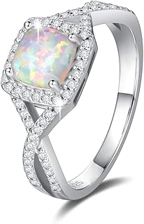 October Birthstone Created Opal Rings Sterling Silver 4-Prong Halo White Fire Opal Cubic Zirconia Infinity Engagement Wedding Ring Fine Jewelry for Women Size 5,6,7,8,9