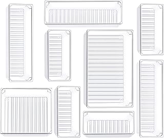 كوتيك 9 قطع من منظم ادراج الحمام بـ 4 احجام، صناديق تخزين بلاستيكية شفافة، صناديق تخزين مكتبية، فواصل ادراج للمكياج والمجوهرات وخزانة الملابس وغرفة النوم والمطبخ والمكتب (شفاف)