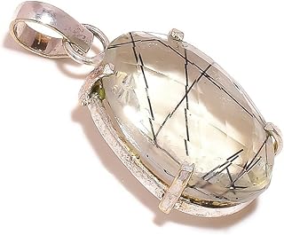 Diamond Cut Oval Lemon Rutilated Quartz Gemstone Handmade Prong Pendant, Rutilated Pendant, 1.6in, Stone, lemon rutilated quartz