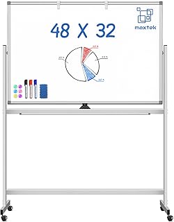 لوح ابيض متدحرج كبير مقاس 48×32 انش، لوح ابيض محمول مزدوج الجوانب من بلاستيك ماكستك قابل للعكس، لوح ابيض مغناطيسي قابل للعكس على عجلات للمنزل والمكتب والفصول الدراسية والمدرسة، فضي