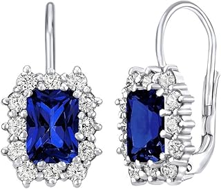 SILVEGO 925 Sterling Silver Earrings with Synthetic Sapphire Rectangle, Sterling Silver, Cubic Zirconia