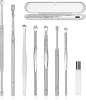 شو واي مجموعة ازالة شمع الاذن 8 في 1، مصنوعة من الستانلس ستيل بدرجة طبية، امنة ومتينة، لا تسبب ضررا للاذن، مع فرشاة تنظيف وصندوق تخزين، مناسبة للبالغين والاطفال، فضي