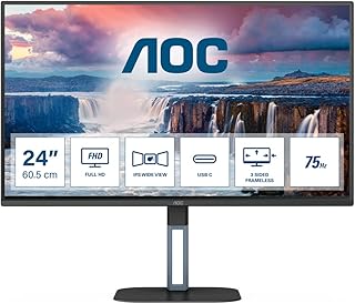 AOC شاشة FHD 24V5CE 24 انش، 75 هرتز، IPS، 1 مللي ثانية، خالية من الوميض، وضع ازرق منخفض، مكبرات صوت، امالة (1920 × 1080 @ 75Hz، 300 شمعة لكل متر مربع، HDMI 1.4، USB-C)، LCD