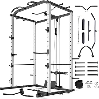 قفص طاقة باور راك من فانسوي بسعة 1000 باوند، معدات صالة الالعاب الرياضية المنزلية، حامل تمرين القرفصاء الاولمبي مع ملحق سحب LAT، قضيب سحب متعدد الامساك ومقبض للغمس
