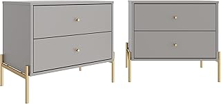 Manhattan Comfort Jasper Nightstand, Modern Bedside, End Table with 2 Full Extension Drawers for The Bedroom and Living Room, Set of 2, Grey