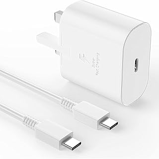 شاحن سامسونج سريع 45 واط من النوع سي فائق السرعة - كيبل USB C بطول 1.5 متر اندرويد لسامسونج جالاكسي S23 الترا بلس S22 نوت 10 20 S20 S21 تاب S7 S8 ابيض