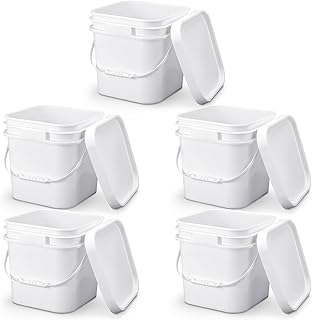 Suzile 5pcs 2.2 Gallon Square Bucket with Lid Food Grade Plastic Bucket 10L Utility Industrial Pail with Handle Container for Food Oil Tub Water Fishing Paint House Cleaning Car Washing (White)