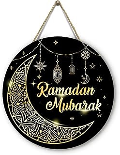 Ramadan Mubarak Front Door Sign Ramadan Kareem Round Sign For Front Door Eid Al Fitr Wooden Welcome Signs Supplies Black Gold Plaque Wall Hanging Sign for Door Wall (Moon)