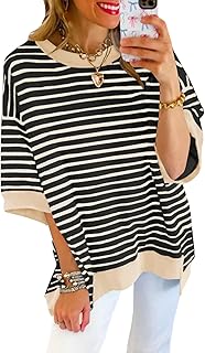 Womens Summer Tops Casual Short Sleeve Sweatshirt Striped Shirt Crewneck Pullover T Shirts Loose Blouses Black White Stripe XL, Black White Stripe, XL