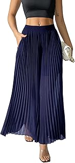 Women's Chiffon Pleated Wide Leg Palazzo Pants Crop Capris Culotte Dressy Casual Pants, Navy Blue, M