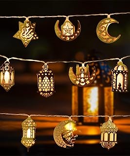 مصابيح رمضان لتزيين المنزل بطول 5.5 قدم، 10 مصابيح LED للعيد المبارك، مصابيح خيالية على شكل فانوس قمر ونجوم، زينة رمضان كريم، للتعليق على الحائط على الشجرة والديكور الداخلي والخارجي