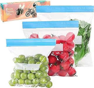 Syglitter 70 Pcs Food Storage Freezer Bags, Reusable Ziplock Bags, BPA Free Sandwich Bags, 3 Sizes Zip Lock Bags for Fruits,Meat,Grains,Vegetables,Candies