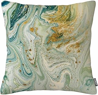 GSRONY Marble Pattern Throw Pillow Covers Watercolor Marbled Blue Green and Golden Abstract Liquid Marble Pattern Gold Ink Cushion Pillow Case 18x18 Inches